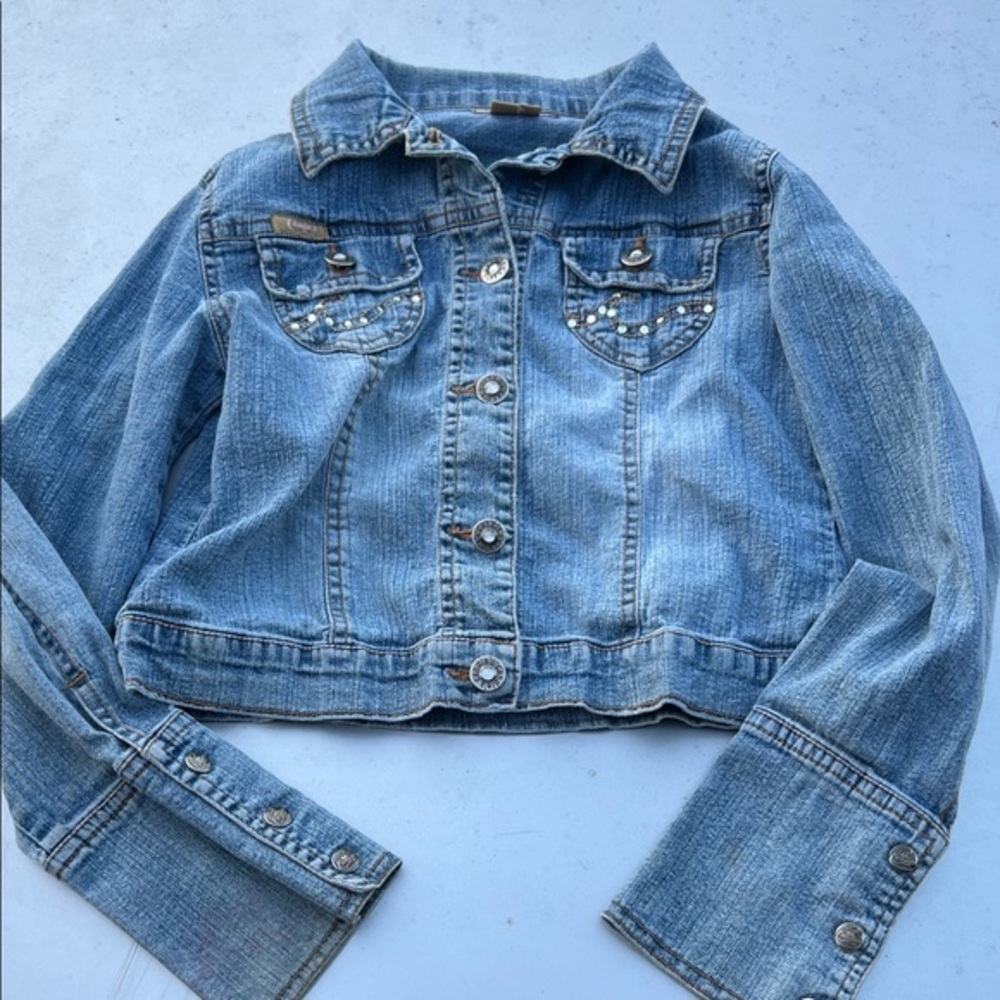 Candie's Vintage Distressed Washed Jean Jacket Beaded Jeweled Button Details